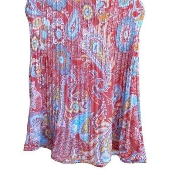 90's Pleated Paisley Print Sleeveless Keyhole Scoop Neck Blouse‎ Coral Sz S - Picture 9 of 11